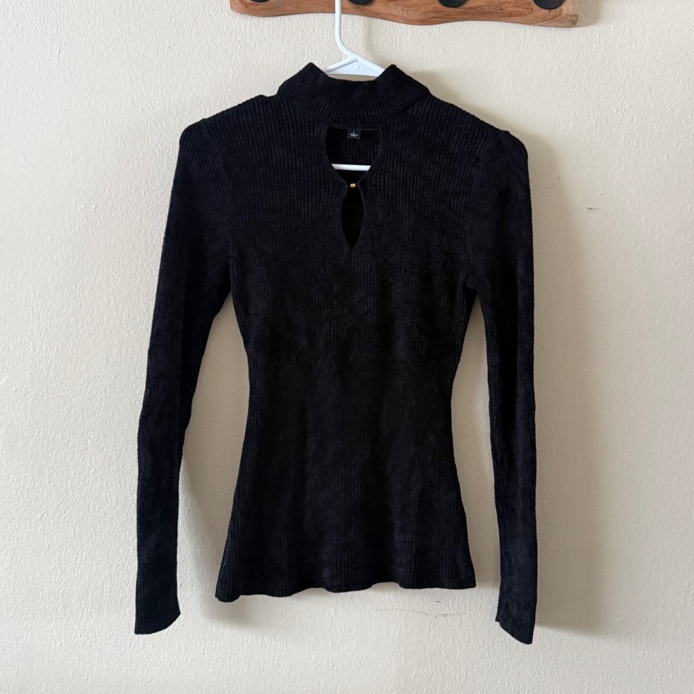 INC International Concepts Black Chenille Keyhole Mock Neck Sweater size L